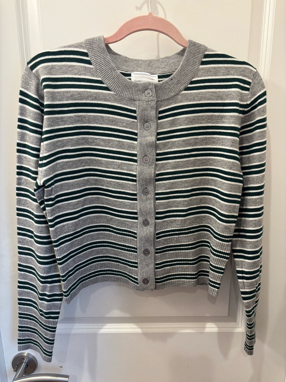 NWT SOHO & Stella Striped Gray & Dark Green cropped Sweater Cardigan- L